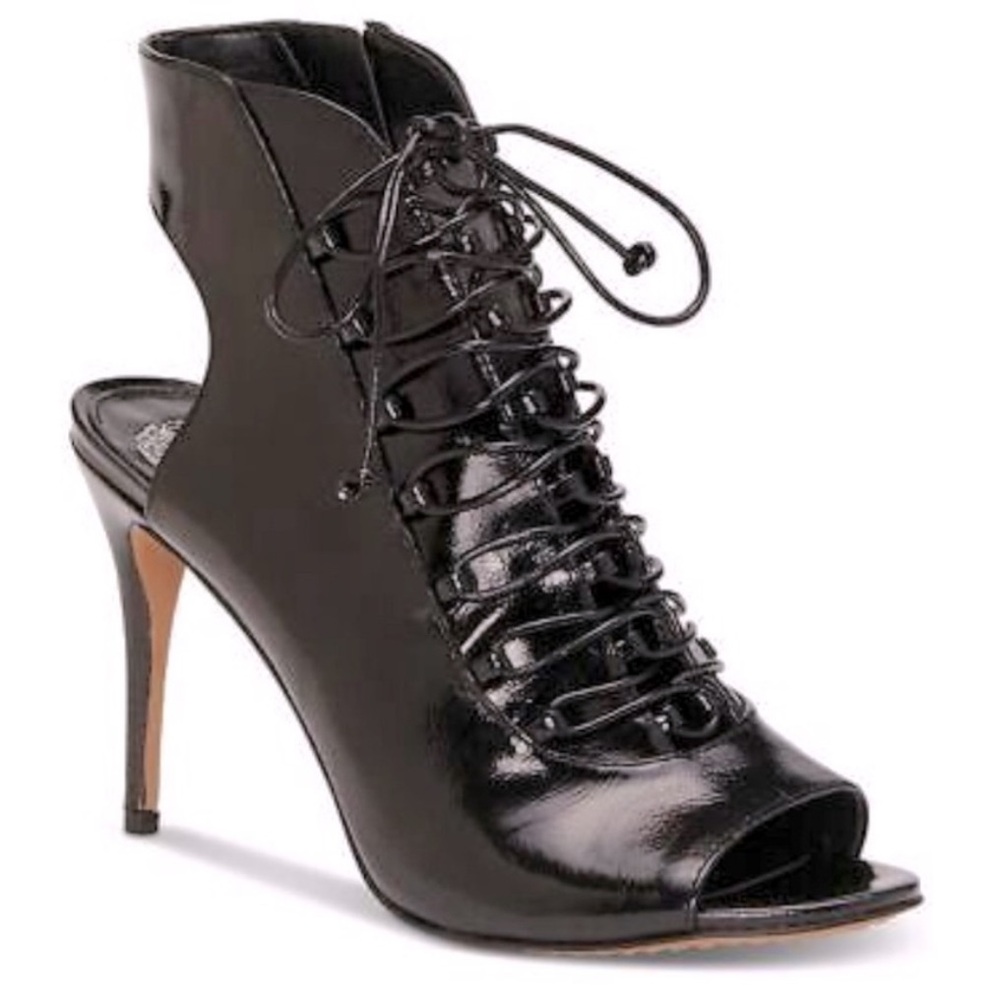 Vince Camuto Lace Open Toe Patent Leather Booties